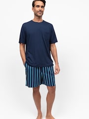 Cyberjammies Blue Mens Check Pyjamas Shorts and Solid 100% Cotton Jersey T-Shirt - Image 1 of 3