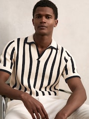 Reiss Off White/Navy Duncan Cotton Blend Stripe Knit Polo Shirt - Image 1 of 7