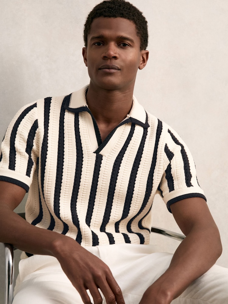 Reiss Off White/Navy Duncan Cotton Blend Stripe Knit Polo Shirt - Image 1 of 7