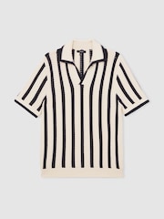 Reiss Off White/Navy Duncan Cotton Blend Stripe Knit Polo Shirt - Image 2 of 7