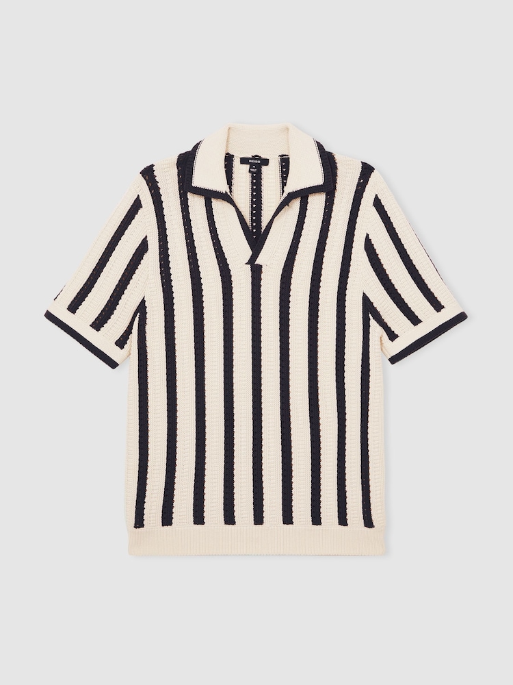 Reiss Off White/Navy Duncan Cotton Blend Stripe Knit Polo Shirt - Image 2 of 7