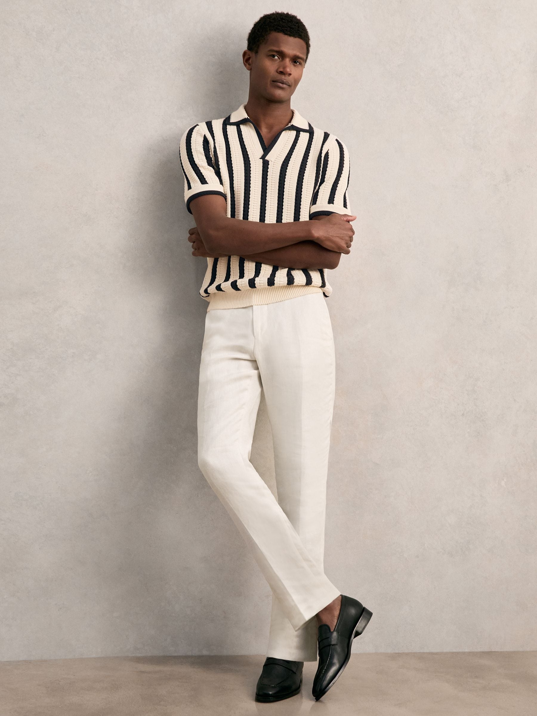 Buy Reiss Off White/Navy Duncan Cotton Blend Stripe Knit Polo