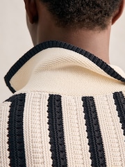 Reiss Off White/Navy Duncan Cotton Blend Stripe Knit Polo Shirt - Image 6 of 7