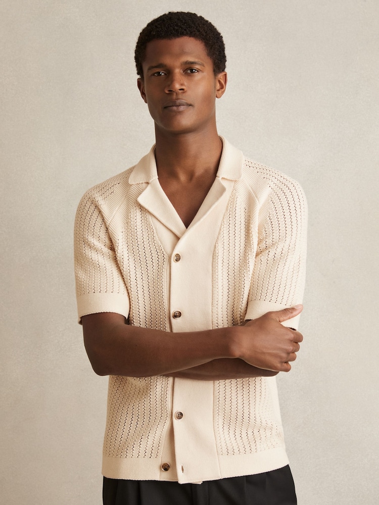 Hell Steinfarben - Reiss Alphonso Cotton Textured-Knit Cuban-Collar Shirt - Bild 1 von 7