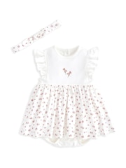 Mamas & Papas Pink Rose Print 100% Cotton Dress & Headband Set - Image 1 of 4