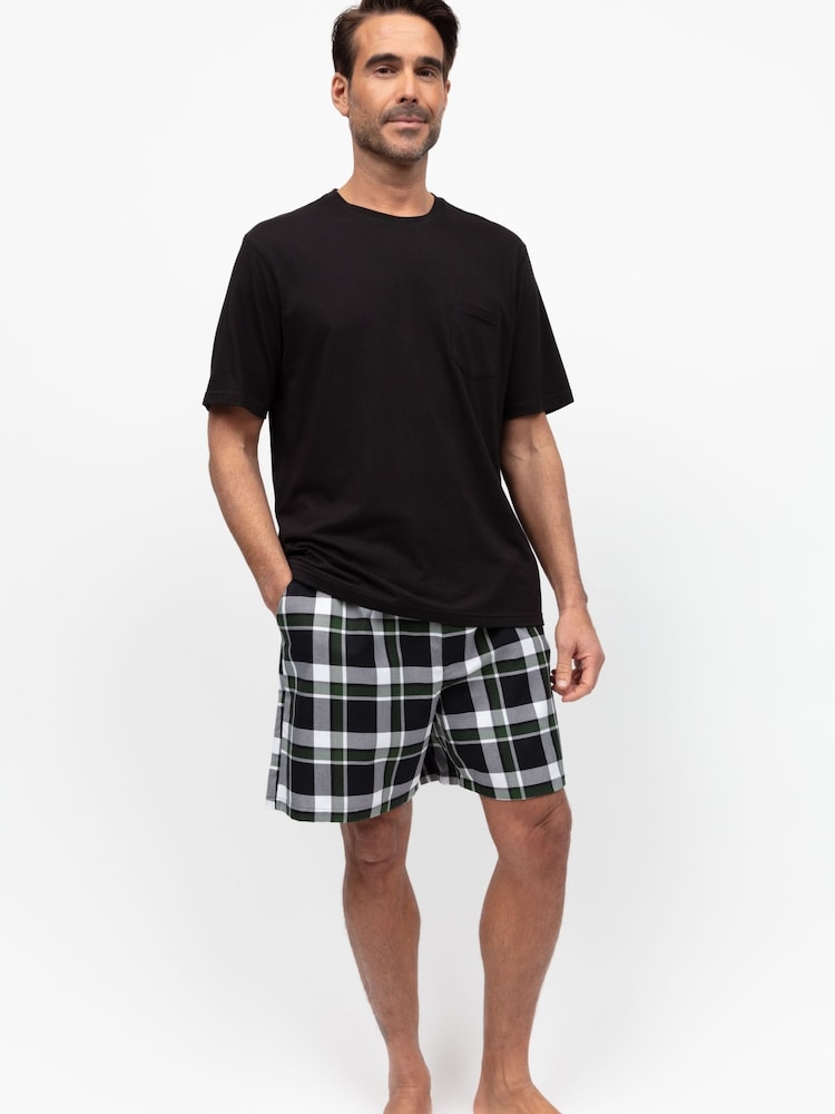 Cyberjammies Black Mens Check Pyjama Shorts and Solid Jersey T-Shirt - Image 1 of 3