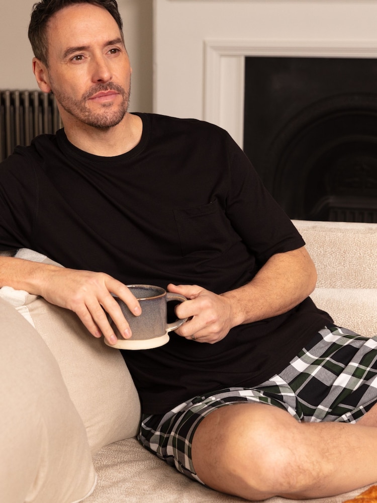 Cyberjammies Black Mens Check Pyjama Shorts and Solid Jersey T-Shirt - Image 3 of 3 Cyberjammies Black Mens Check Pyjama Shorts and Solid Jersey T-Shirt - Image 3 of 3