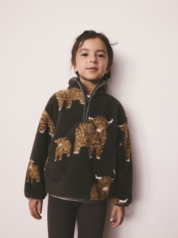 Grey Hamish The Highland Cow Print Borg Half Zip Fleece (3-16yrs) - Image 1 of 5 Grey Hamish The Highland Cow Print Borg Half Zip Fleece (3-16yrs) - Image 1 of 5