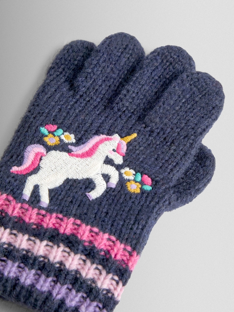 JoJo Maman Bébé Navy Unicorn Appliqué Gloves - Image 2 of 3 JoJo Maman Bébé Navy Unicorn Appliqué Gloves - Image 2 of 3