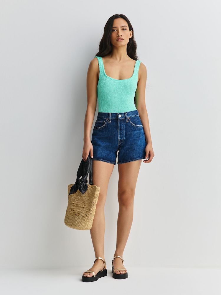 Hunza G Green Metallic Crinkle Cocoa Square Neck Swimsuit - Image 2 of 5