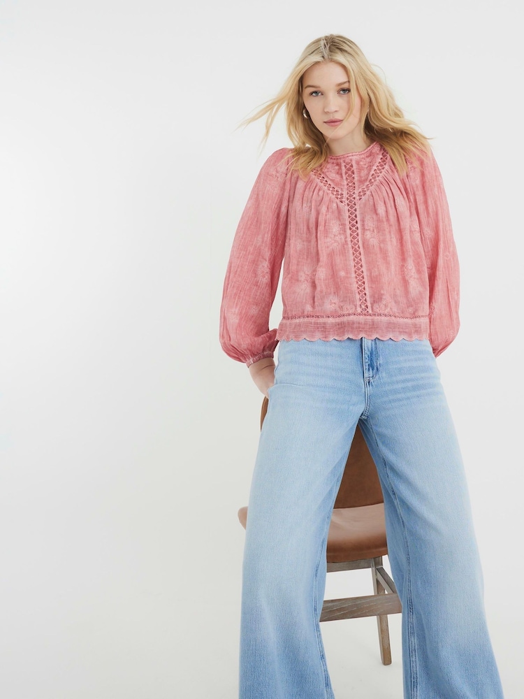 River Island Pink Long Sleeve Lace Trim Embroidered 100% Cotton Top - Image 1 of 6
