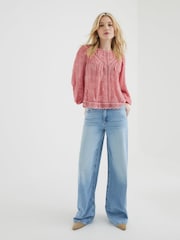 River Island Pink Long Sleeve Lace Trim Embroidered 100% Cotton Top - Image 2 of 6