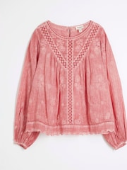 River Island Pink Long Sleeve Lace Trim Embroidered 100% Cotton Top - Image 5 of 6