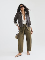 River Island Green Belted Barrel Leg 100% Cotton Trousers - Image 1 of 4