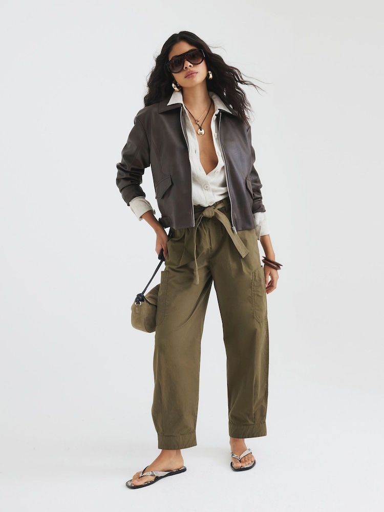 River Island Green Belted Barrel Leg 100% Cotton Trousers - Image 1 of 4