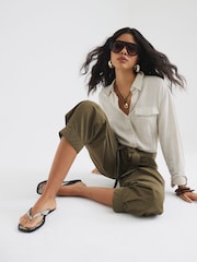 River Island Green Belted Barrel Leg 100% Cotton Trousers - Image 2 of 4