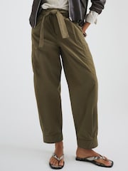 River Island Green Belted Barrel Leg 100% Cotton Trousers - Image 3 of 4