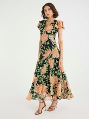 River Island Black Flutter Sleeve Floral Print Midi Dress - Image 1 of 4