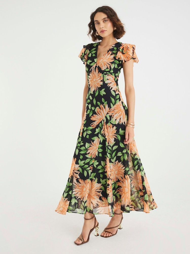 River Island Black Flutter Sleeve Floral Print Midi Dress - Image 1 of 4