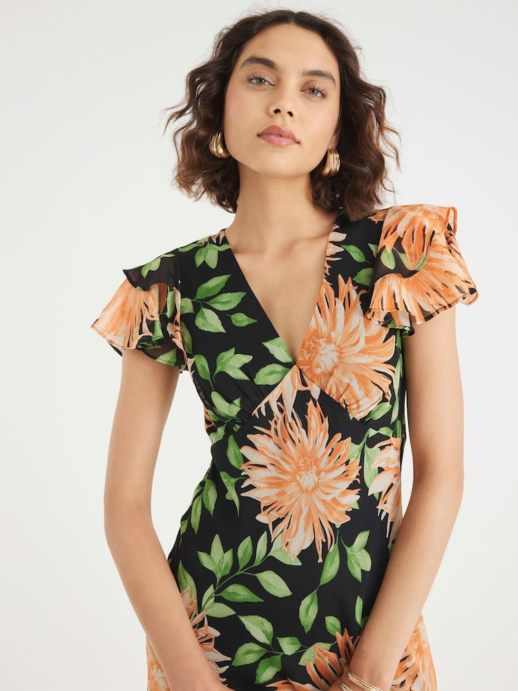 River Island Black Flutter Sleeve Floral Print Midi Dress - Image 4 of 4
