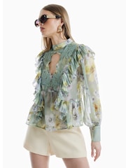 River Island Green Long Sleeve Ruffled Floral Blouse - Image 1 of 3