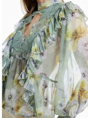 River Island Green Long Sleeve Ruffled Floral Blouse - Image 3 of 3