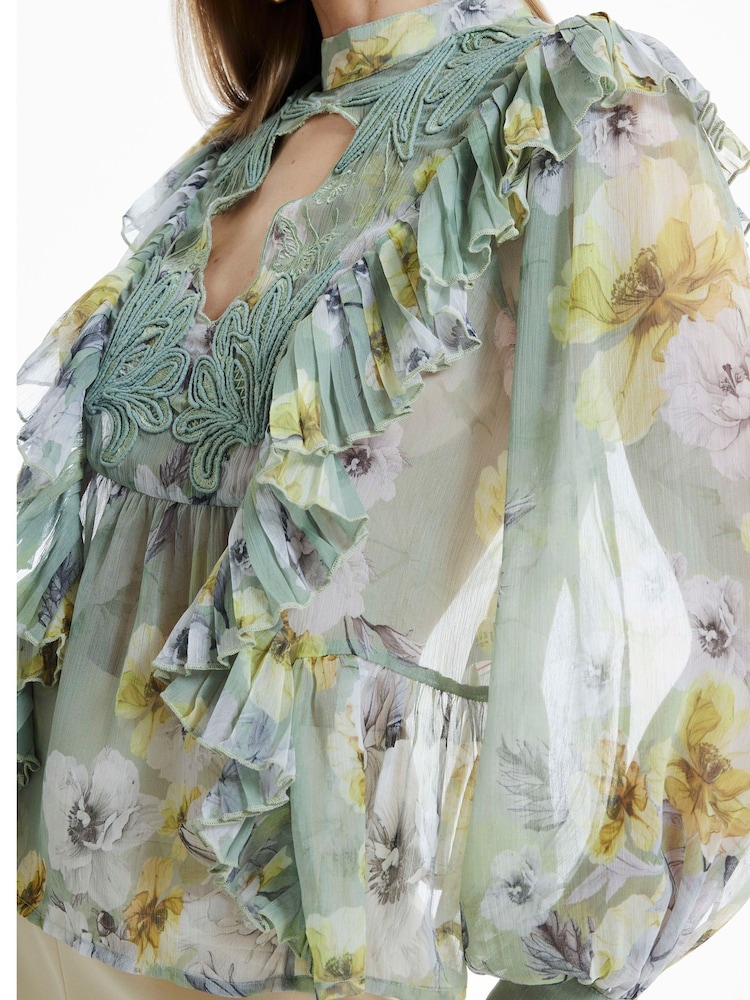 River Island Green Long Sleeve Ruffled Floral Blouse - Image 3 of 3