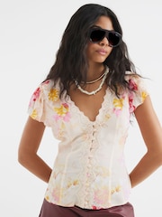River Island Pink Floral Print Angel Sleeve Blouse - Image 1 of 4