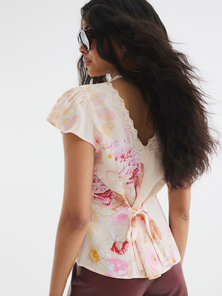 River Island Pink Floral Print Angel Sleeve Blouse - Image 2 of 4 River Island Pink Floral Print Angel Sleeve Blouse - Image 2 of 4