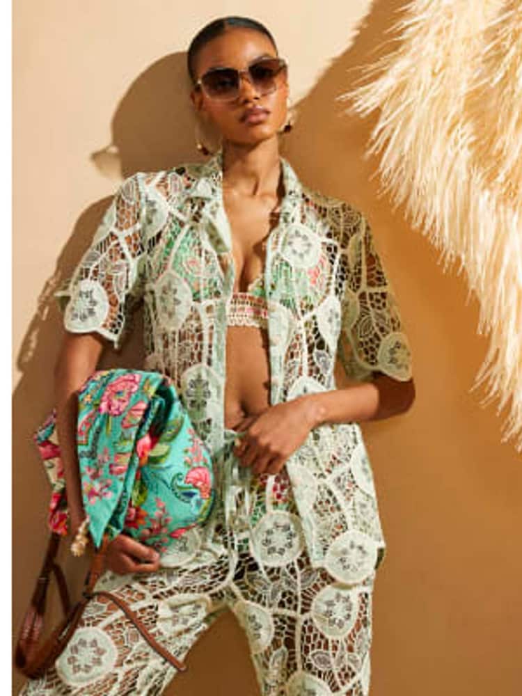 River Island Green Del Maar Lace Beach Shirt - Image 1 of 4
