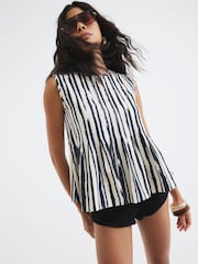River Island Black Pleated Stripe 100% Cotton Shell Top - Image 1 of 4