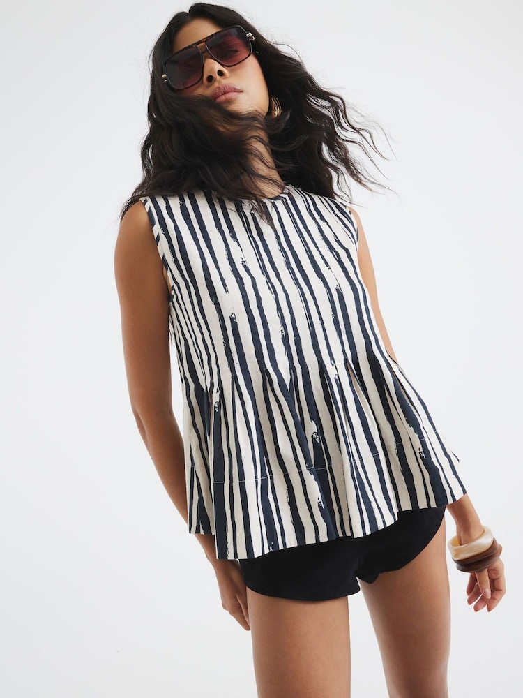 River Island Black Pleated Stripe 100% Cotton Shell Top - Image 1 of 4