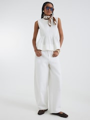 River Island White Pleated 100% Cotton Shell Vest Top - Image 1 of 4