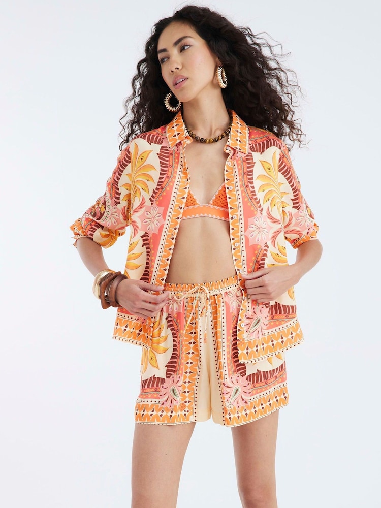 River Island Orange Long Sleeve Scarf Print Shirt - Image 1 of 4
