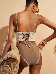 River Island Gold Del Maar Plunge Glitter Swimsuit - Image 2 of 4