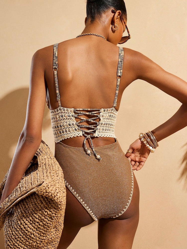 River Island Gold Del Maar Plunge Glitter Swimsuit - Image 2 of 4