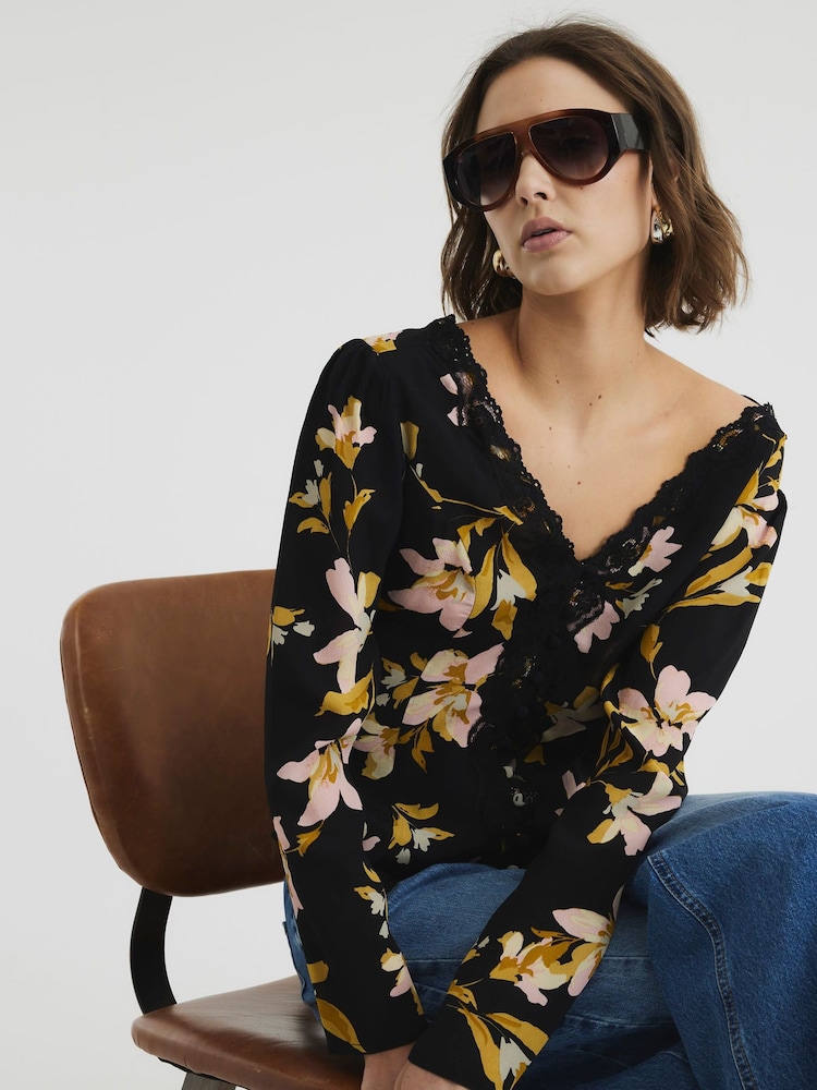 River Island Black Floral Print Lace Trim Top - Image 1 of 6 River Island Black Floral Print Lace Trim Top - Image 1 of 6