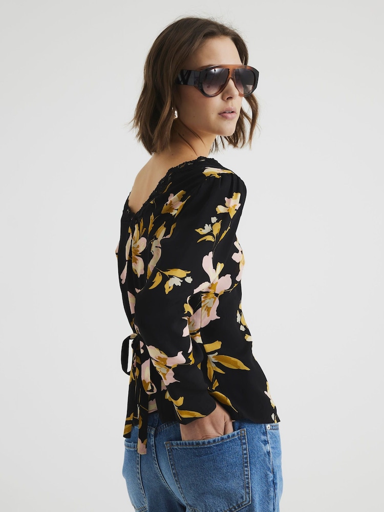 River Island Black Floral Print Lace Trim Top - Image 2 of 6