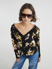 River Island Black Floral Print Lace Trim Top - Image 4 of 6