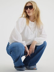 River Island White Long Sleeve Lace Trim Embroidered 100% Cotton Top - Image 1 of 6