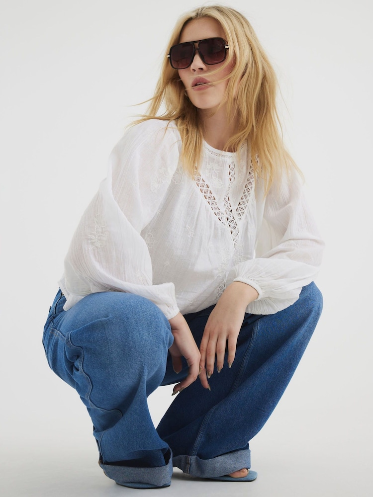 River Island White Long Sleeve Lace Trim Embroidered 100% Cotton Top - Image 1 of 6