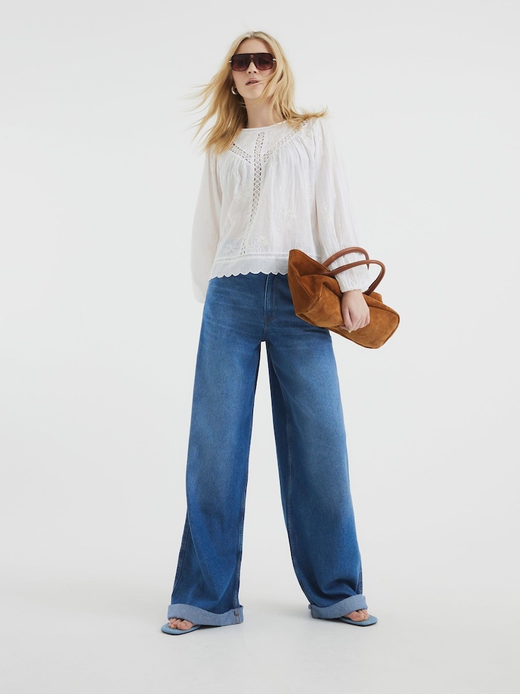 River Island White Long Sleeve Lace Trim Embroidered 100% Cotton Top - Image 2 of 6 River Island White Long Sleeve Lace Trim Embroidered 100% Cotton Top - Image 2 of 6