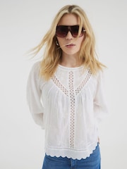 River Island White Long Sleeve Lace Trim Embroidered 100% Cotton Top - Image 3 of 6