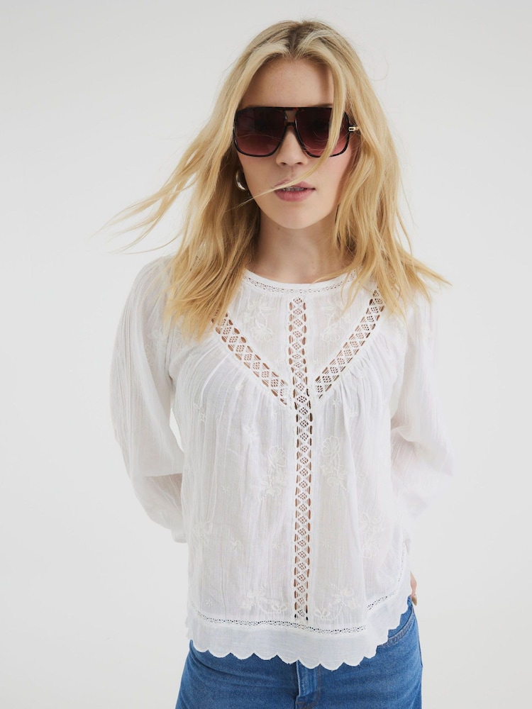 River Island White Long Sleeve Lace Trim Embroidered 100% Cotton Top - Image 3 of 6