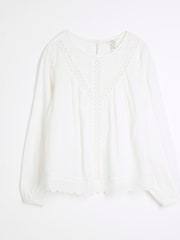 River Island White Long Sleeve Lace Trim Embroidered 100% Cotton Top - Image 5 of 6
