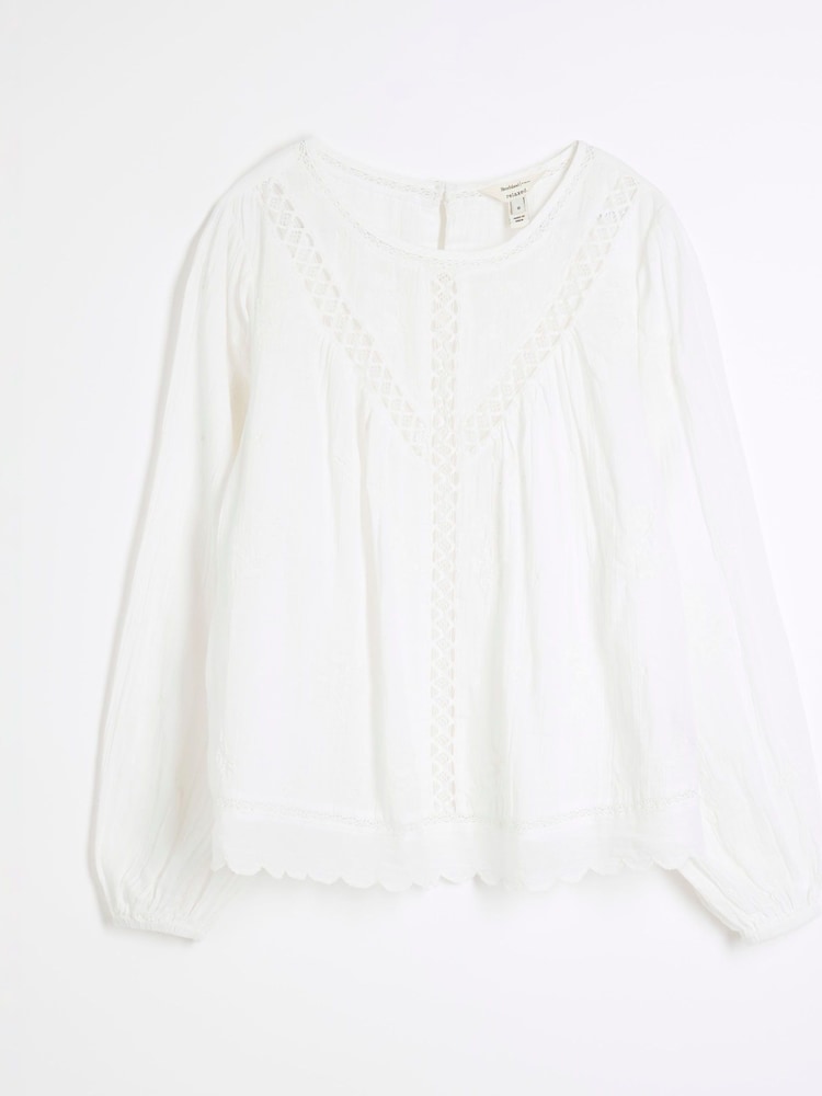 River Island White Long Sleeve Lace Trim Embroidered 100% Cotton Top - Image 5 of 6