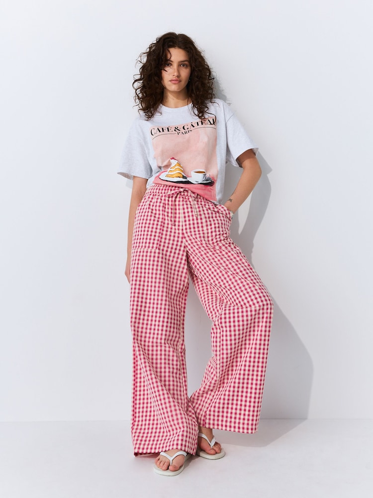 Pink Gingham Cotton Rich Wide Leg Pull On Trousers - Image 1 of 5
