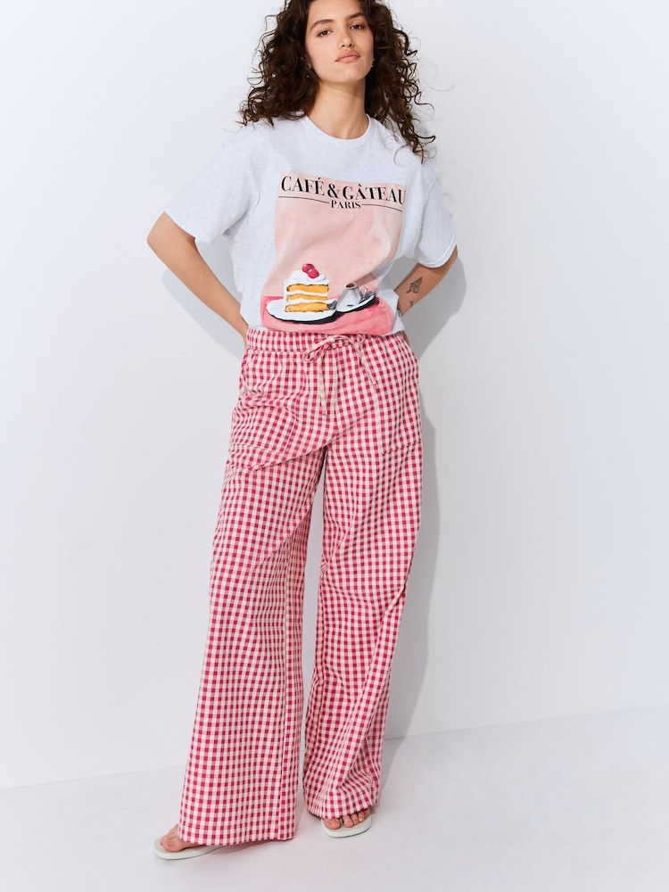 Pink Gingham Cotton Rich Wide Leg Pull On Trousers - Image 2 of 5