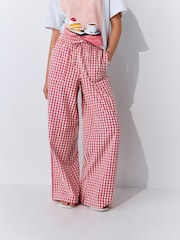Pink Gingham Cotton Rich Wide Leg Pull On Trousers - Image 3 of 5