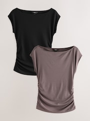 Black/Mink Short Sleeve Ruched Detail Jersey T-Shirt - Image 1 of 7